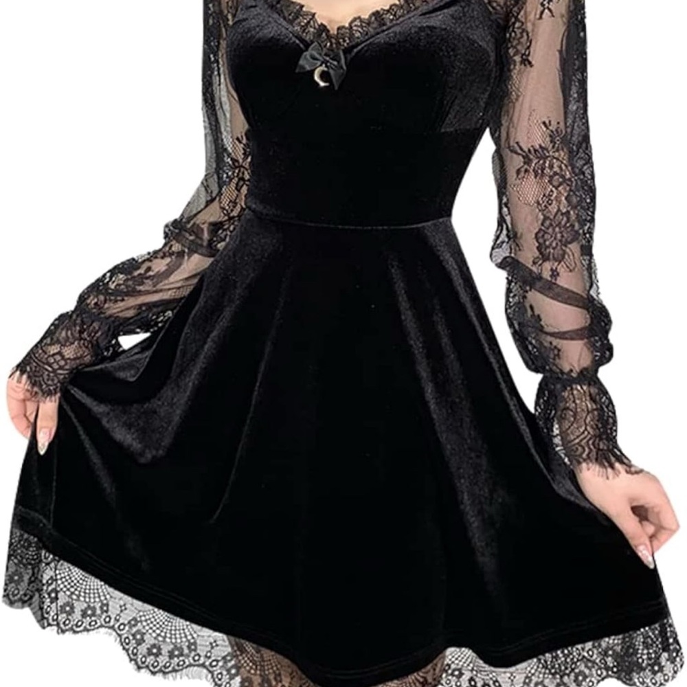 NWOT IKADEX Women SZ S Gothic Dress Vintage Lace Grunge Punk Long Sleeve Velvet